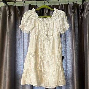 Lulus Dreaming of Sunshine White Eyelet Off-the-Shoulder Mini Dress, size Medium